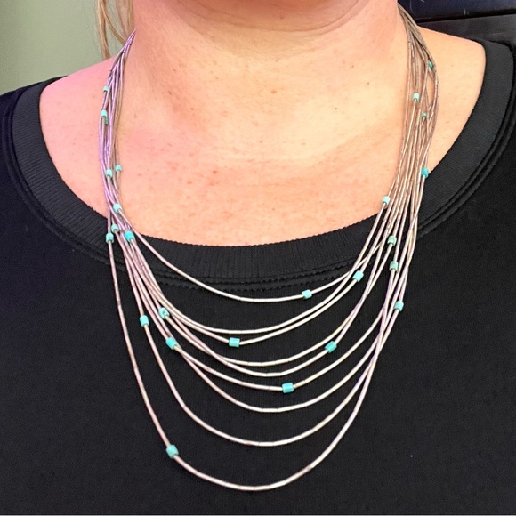 Vintage Navajo Liquid Silver Turquoise Heishi Sterling Silver Graduated Necklace - Picture 4 of 11